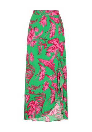 Grüner blumiger Rock mit großen rosa Blüten und Blättern, in einem luftigen Design und mit einem Seitenschlitz. Aus leichtem Stoff gefertigt.
