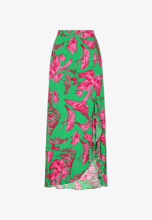 Gonna floreale verde con grandi fiori rosa e foglie, dal design fluido e con uno spacco laterale. Realizzata in tessuto leggero.