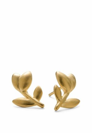 Kolczyki na sztyft w kolorze złotym, w kształcie trzech połączonych liści na krótkim szypułce, z matowym wykończeniem.