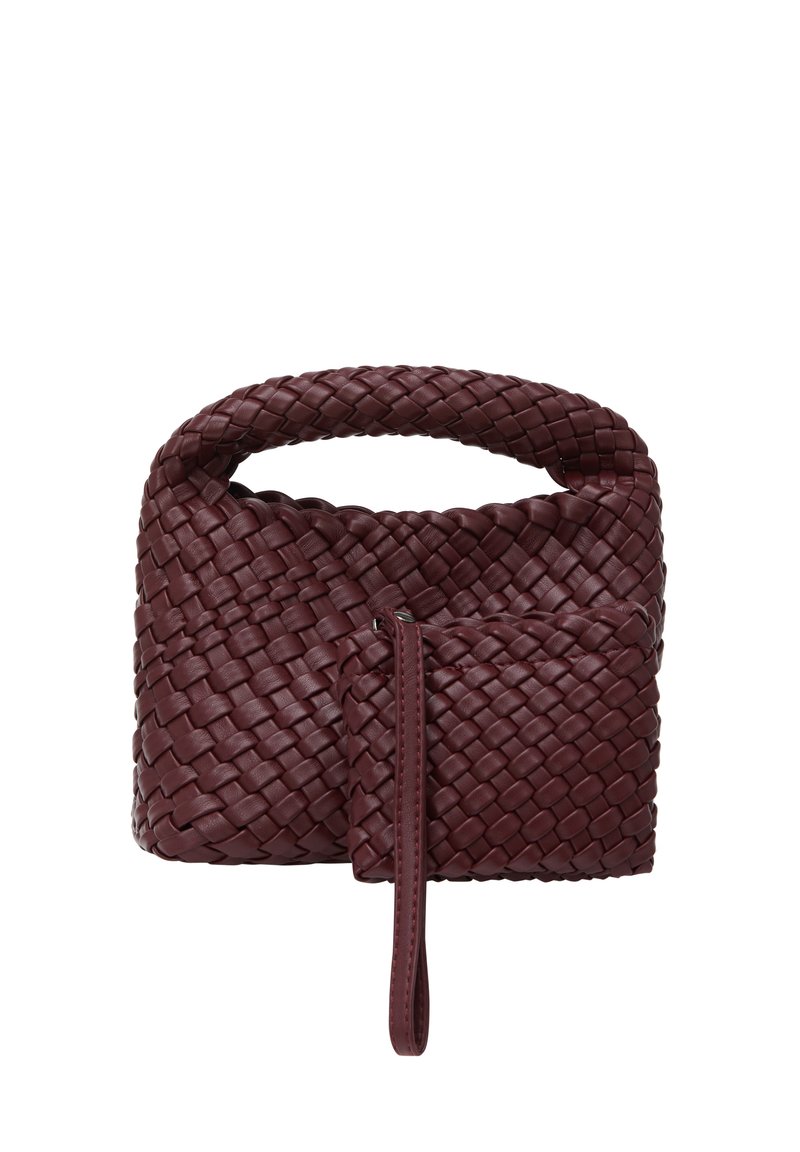Woven burgundowa skórzana torebka z okrągłym uchwytem, z odpinanym zapinanym na zamek etui przymocowanym paskiem. Teksturowana powierzchnia.