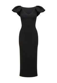 Musta kapea midi-mekko, jossa on syvä kaarroke ja puffattuja lyhyitä hihoja.