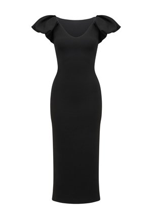 Czarna dopasowana sukienka midi z głębokim dekoltem w serek i krótkimi bufiastymi rękawami.
