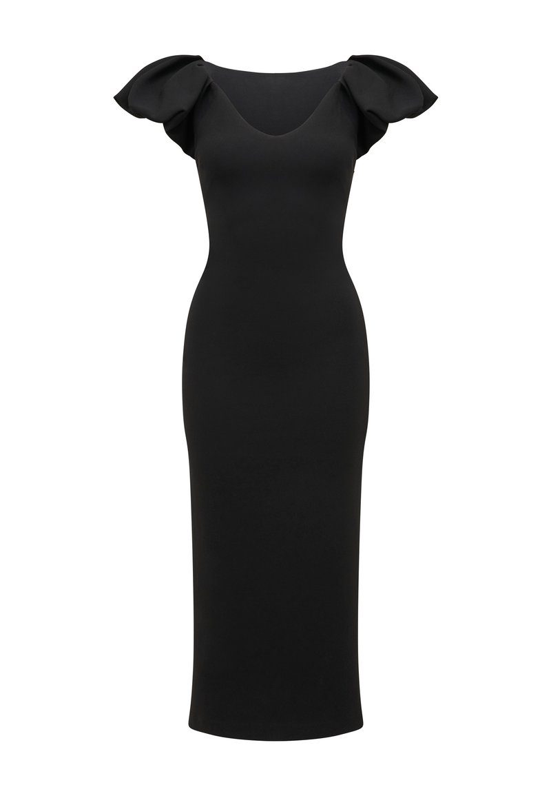 Zwarte aangesloten midi-jurk met een diepe ronde halslijn en pofmouwen.