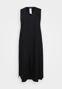 Black sleeveless dress with a V-neckline, front seam, and side slits. Made from soft fabric, featuring a straight silhouette and no visible patterns.