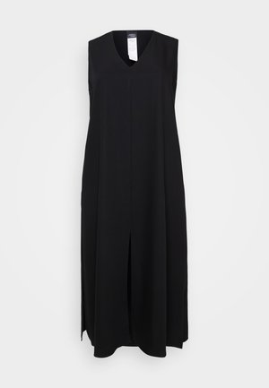 Schwarzes ärmelloses Kleid mit V-Ausschnitt, vorderer Naht und seitlichen Schlitzen. Hergestellt aus weichem Stoff, mit gerader Silhouette und ohne sichtbare Muster.