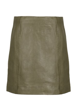 Olive green leather mini skirt with a smooth texture, straight silhouette, and minimalist design. Features subtle stitching details.