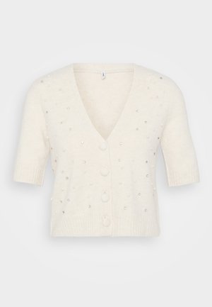 Korte mouwen, V-hals cardigan in crèmekleur, gemaakt van zacht materiaal, met decoratieve parel- en strassversieringen en knoopsluiting.
