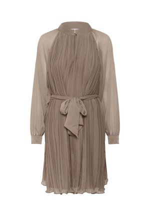 Abito marrone plissè con colletto alto, maniche lunghe trasparenti e vita aderente. Tessuto morbido e lunghezza fino al ginocchio.