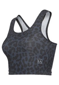 Zwart en grijs luipaardprint sportbeha met een racerback ontwerp. Gemaakt van rekbaar materiaal; voorzien van een logo patch aan de zijkant.