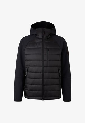 Sort dunjakke med hætte, der har lynlås foran, quiltet design, sidelommer med lynlås og glatte ærmer. Fremstillet af lette materialer.