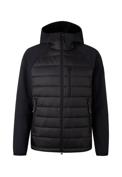 Sort dunjakke med hætte, der har lynlås foran, quiltet design, sidelommer med lynlås og glatte ærmer. Fremstillet af lette materialer.