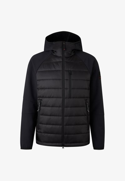 Sort dunjakke med hætte, der har lynlås foran, quiltet design, sidelommer med lynlås og glatte ærmer. Fremstillet af lette materialer.