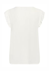 Blouse blanche à manches courtes avec manches à volants et col rond, vue de dos sur fond uni.