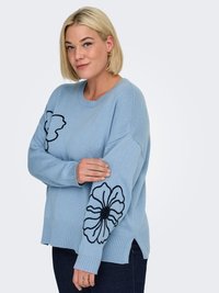 Pull tricoté bleu clair à manches longues, avec broderie florale noire sur les bras et ourlet côtelé. Fentes latérales ajoutant du détail.