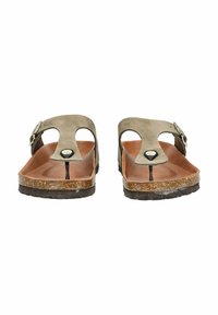 Brown cork-soled sandals with grey suede upper, open toe, and side buckle. Features a T-strap design and textured sole for grip.