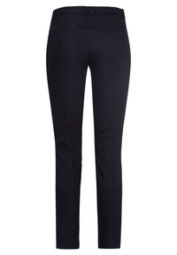 Schwarze maßgeschneiderte Hose mit geradem Bein, glattem Stoff, zwei Gesäßtaschen und einem mittelhohen Bund.