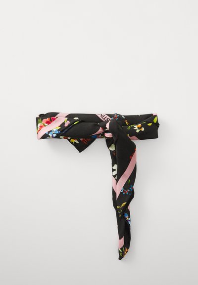 Black silk scarf featuring colorful floral patterns and pink diagonal stripes. Knot detail at center with pointed ends.