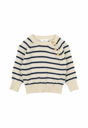 Gestreifter Pullover mit einer cremefarbenen Basis und marineblauen Streifen. Verfügt über drei Holzknöpfe an der Seite sowie gerippte Bündchen und Saum.