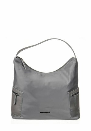 Sac à épaule en nylon gris avec deux poches latérales zippées, une texture lisse et un dessus arrondi. Comprend une sangle d'épaule ajustable.