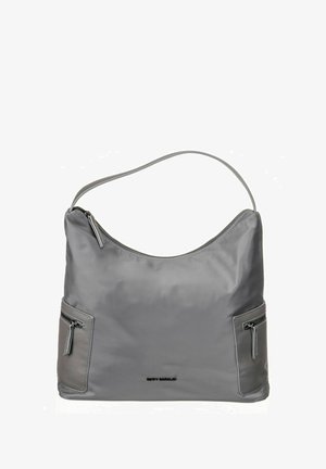 Sac à épaule en nylon gris avec deux poches latérales zippées, une texture lisse et un dessus arrondi. Comprend une sangle d'épaule ajustable.