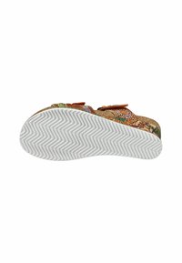 Sandal con base in sughero decorato con motivi floreali nei colori arancione, verde e viola; la suola in gomma bianca presenta una trama a zigzag per una migliore aderenza.