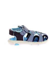 Sandalias infantiles con una combinación de colores en azul marino y azul claro, correas ajustables, cortes transpirables y una suela de goma texturizada.