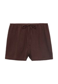Pantaloni corti marroni realizzati in tessuto leggero, dotati di vita elastica con cordino. Il design è rilassato con gambe dritte e orlature.