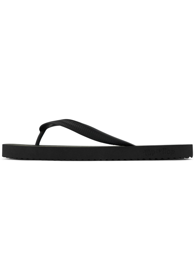 Black rubber flip-flop with a textured thong strap and a flat sole featuring a zigzag pattern along the edge. Simple and lightweight design.