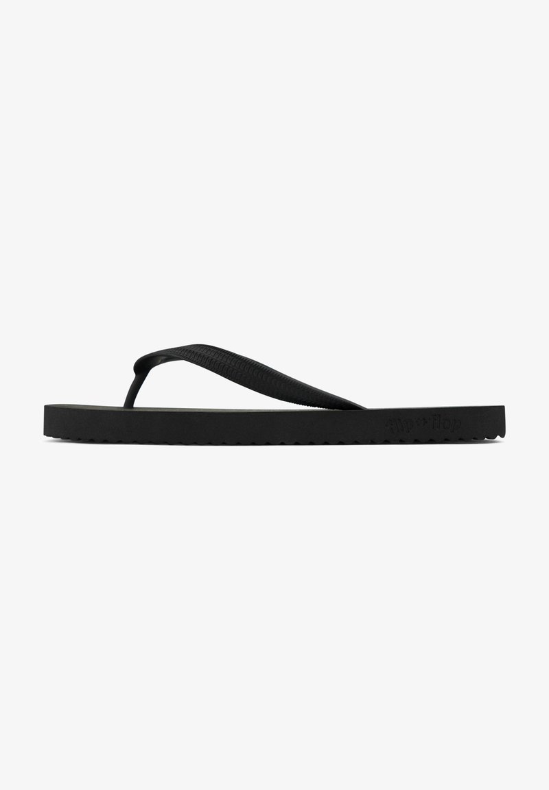 Black rubber flip-flop with a textured thong strap and a flat sole featuring a zigzag pattern along the edge. Simple and lightweight design.