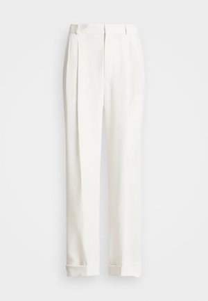 Pantalons blancs ajustés avec deux plis avant, coupe droite et ourlets repliés. Fabriqués en tissu lisse, présentant un design classique.