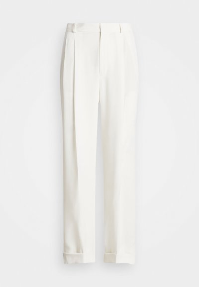 Balties pielāgotie bikses ar divām priekšējām krokām, taisnu griezumu un salocītām apakšmalām. Izgatavotas no gludas auduma, ar klasisku dizainu.