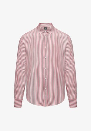 Overhemd met lange mouwen, rood en witte verticale strepen, klassieke kraag en knoopdetails aan de voorkant. Katoenen materiaal.