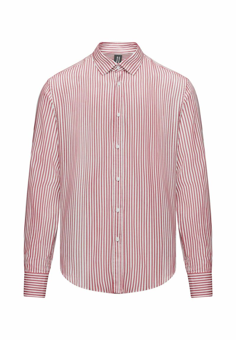 Overhemd met lange mouwen, rood en witte verticale strepen, klassieke kraag en knoopdetails aan de voorkant. Katoenen materiaal.