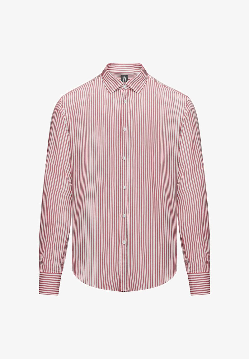 Overhemd met lange mouwen, rood en witte verticale strepen, klassieke kraag en knoopdetails aan de voorkant. Katoenen materiaal.