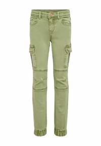 Pantalones cargo verdes con un corte ajustado, que cuentan con bolsillos laterales, puños acanalados y un cierre frontal con botón. Hechos de tela ligera.