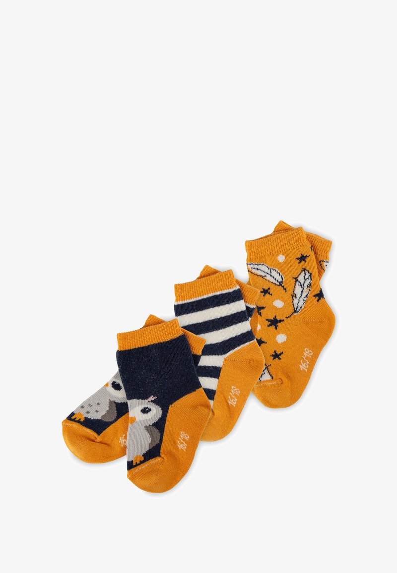 Set aus vier Kindersocken mit Eulen-, Streifen- und Federdesigns in orange, marineblau und weiß. Material aus Baumwollmischung.