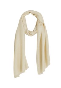 Bufanda beige de punto con una textura suave, con bordes deshilachados. Diseño ligero con una trama ligeramente suelta, ideal para capas.