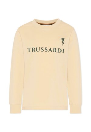 Felpa a maniche lunghe in cotone beige chiaro con la scritta "TRUSSARDI" in testo verde scuro e un logo accento sulla spalla sinistra.