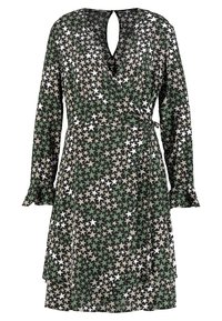 Wickelkleid aus dunkelgrünem Stoff mit einem Sternenmuster in Weiß und Beige, langen Ärmeln, V-Ausschnitt mit einem Schlüsselbodenverschluss hinten und Rüschendetails.
