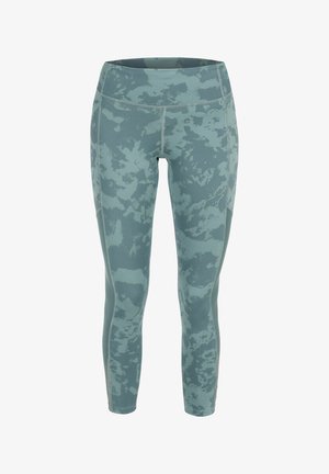 Leggings taille haute, longueur totale, avec un motif camouflage abstrait bleu et gris et des détails de coutures visibles.