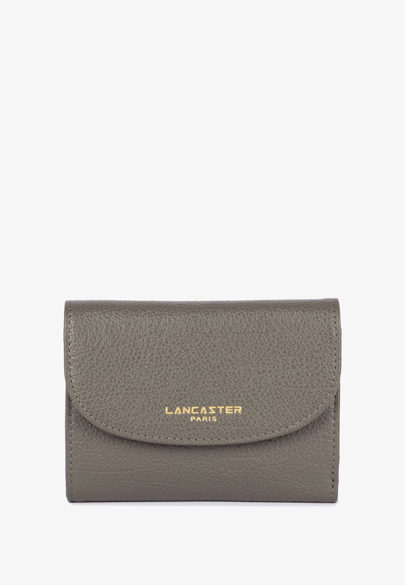 Gray textured leather wallet with a rounded flap, featuring a golden "LANCASTER PARIS" logo on the front. Compact design for easy handling.