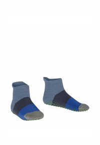 Chaussettes pour enfants avec un design rayé gris, bleu et marine. Longueur cheville avec des grips verts à pois sur la semelle pour plus d'adhérence. Texture de tissu douce.