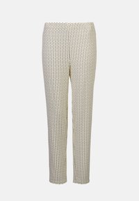 Pantalone s uzorkom u krem boji s malim crnim točkicama. Imaju uski kroj i glatku teksturu, pogodni za ležernu ili formalnu odjeću.