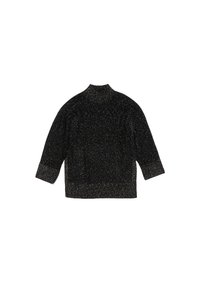 Suéter negro de punto con cuello alto, mangas tres cuartos y motas metálicas por todo el tejido. El dobladillo y los puños acanalados añaden textura.