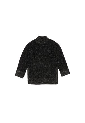 Suéter negro de punto con cuello alto, mangas tres cuartos y motas metálicas por todo el tejido. El dobladillo y los puños acanalados añaden textura.