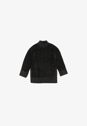 Black knitted sweater with a mock neck, three-quarter sleeves, and metallic specks throughout. Ribbed hem and cuffs add texture.