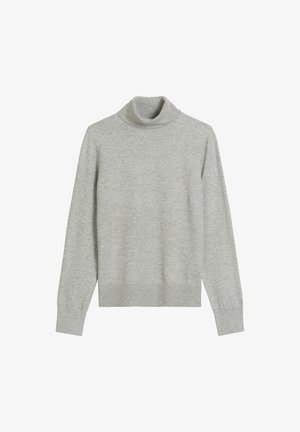 Světlá šedá roláková svetr s vroubkovaným lemem a manžetami, vyrobený z měkkého pleteného materiálu. Má přiléhavý střih a bezešvý design.