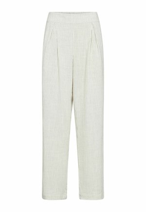 Pantaloni cu talie înaltă, culoare crem, cu dungi negre subțiri verticale, cu pliuri în față, cu picioare drepte și talie elastică.