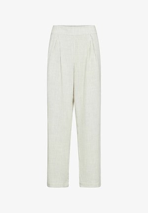 Krēmkrāsas augsta vidukļa bikses ar plānām vertikālām melnām svītrām, krokotu priekšu, taisnām kājām un elastīgu jostasvietu.