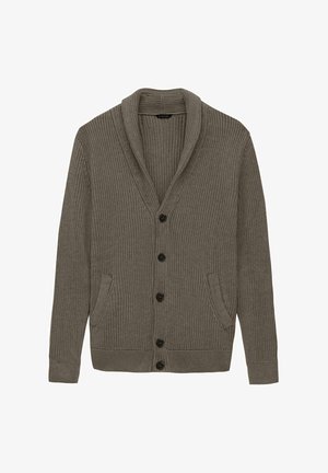 Szary prążkowany kardigan z kołnierzem szalowym, pięcioma czarnymi guzikami i dwiema przednimi kieszeniami. Wykonany z teksturowanej dzianiny.